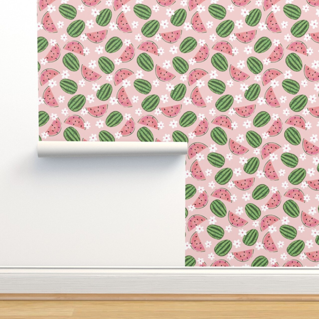 Pink Fruit Summer Daisy Watermelons Small Scale Garden Picnic Floral Custom Pre-pasted Wallpaper by Spoonflower Pre-Pasted Wallpaper 2FT Wide
